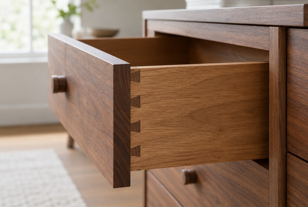 Close-up of a solid wood drawer with dovetail joints pulled open on a well-made dresser
