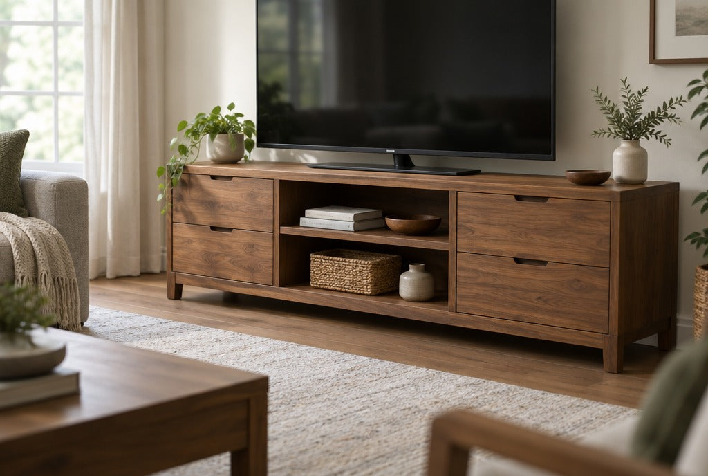 A solid wood TV stand with drawers and open shelves under a TV in a family room