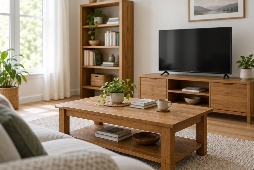 A bright, simply furnished first home living room with a solid wood TV stand, coffee table and bookcase