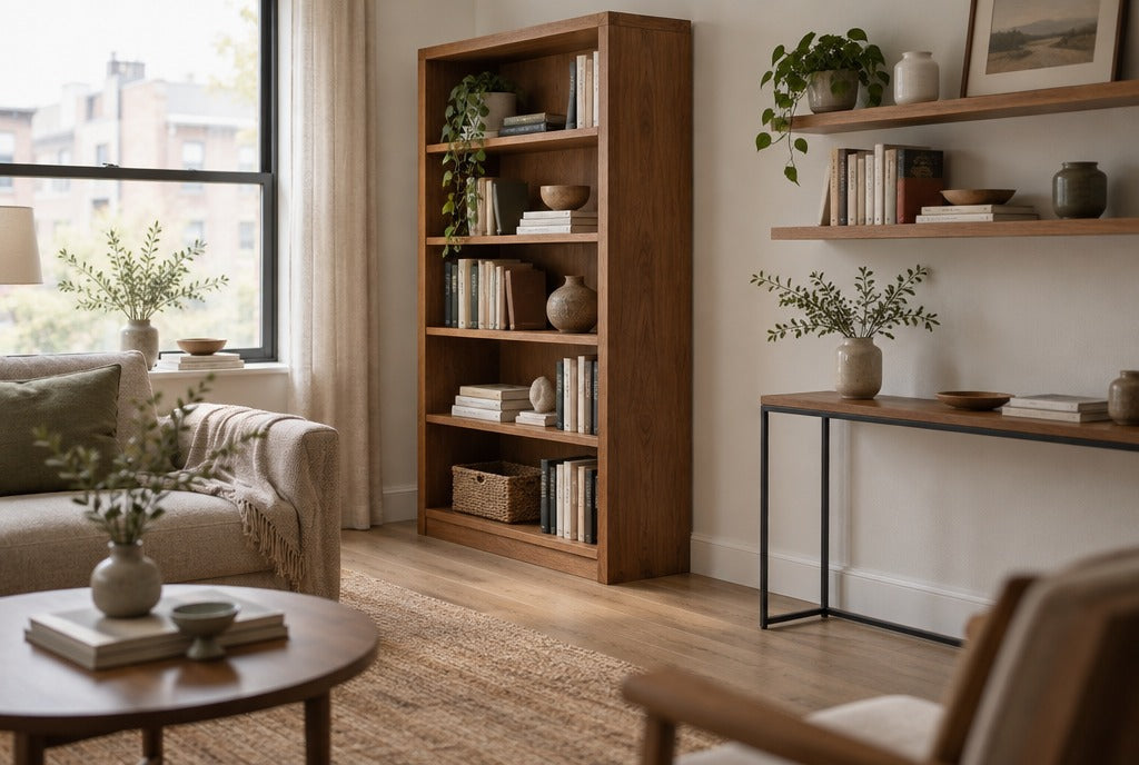 A small apartment living room with a tall solid wood bookcase, wall shelves and a slim console