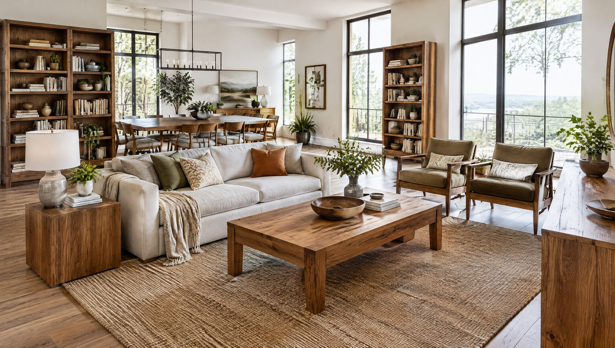 A bright living and dining space with solid wood tables, bookcases and consoles