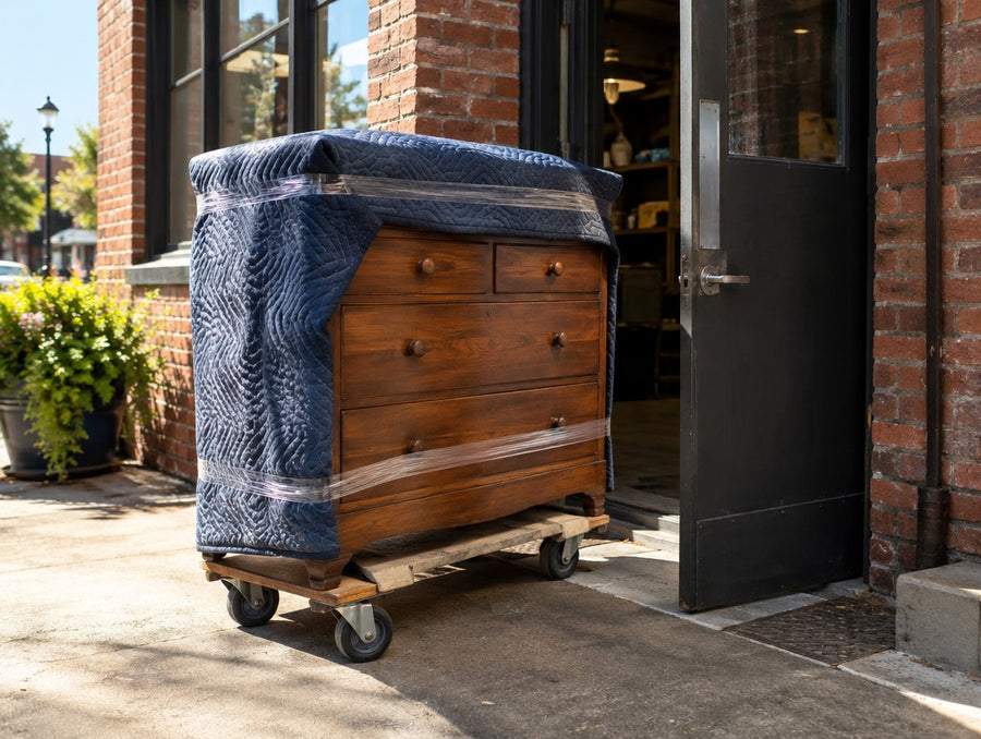 A blanket-wrapped solid wood dresser at the back door of a brick downtown store