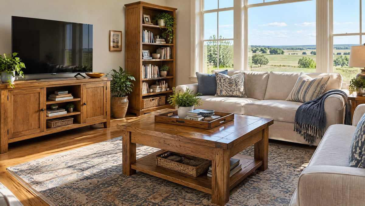 A bright family living room with a solid oak TV stand, wood coffee table and bookcase