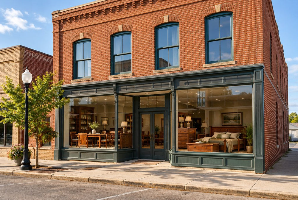 A brick downtown storefront on a small-town Oklahoma Main Street with wood furniture in the windows